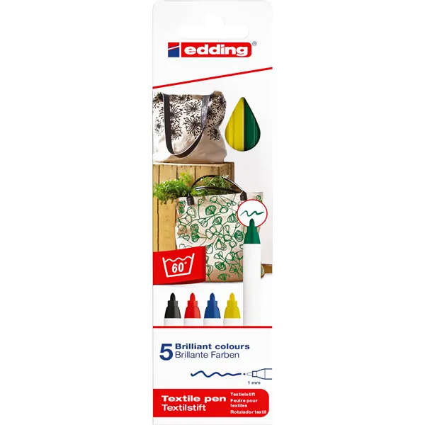 Textilmarker edding creative 4600 - farbig sortiert basic 1 mm Rundspitze permanent nicht nachfüllbar 5er-Set