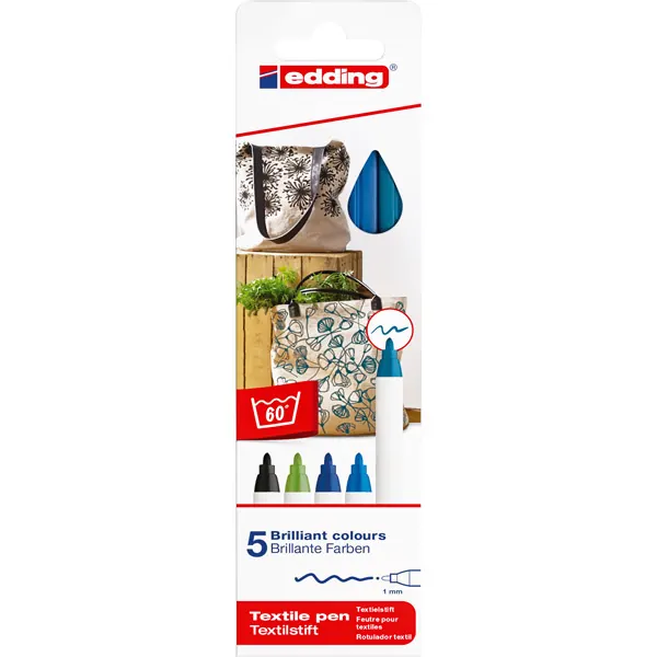 Textilmarker edding creative 4600 - farbig sortiert warm 1 mm Rundspitze permanent nicht nachfüllbar 5er-Set