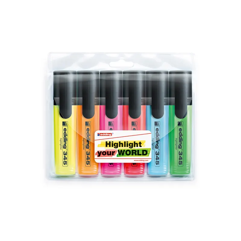 Textmarker edding 345 - farbig sortiert (6) 2-5 mm Keilspitze permanent nachfüllbar 6er-Set