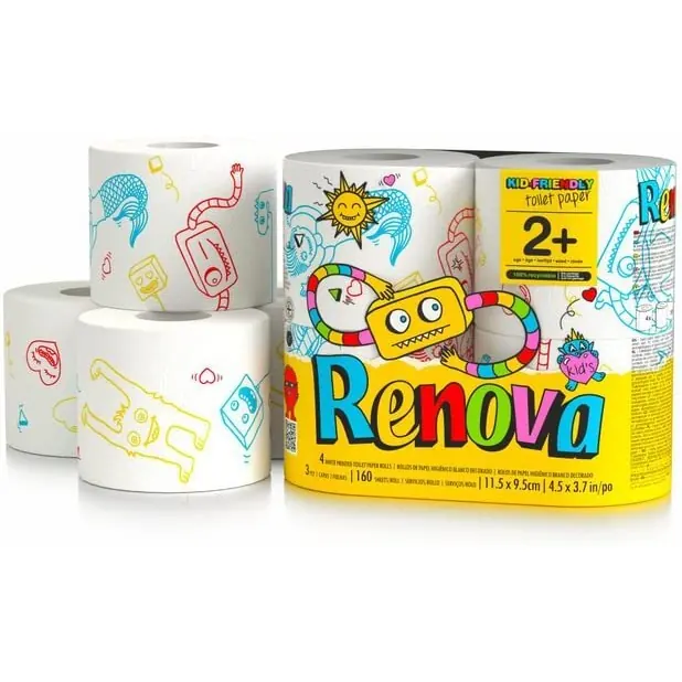 Toilettenpapier Renova Kids Friendly - bedruckt mit Kindermotiven - 3-lagig - Renova - Hochwertiges weißes Klopapier - 4 Rollen