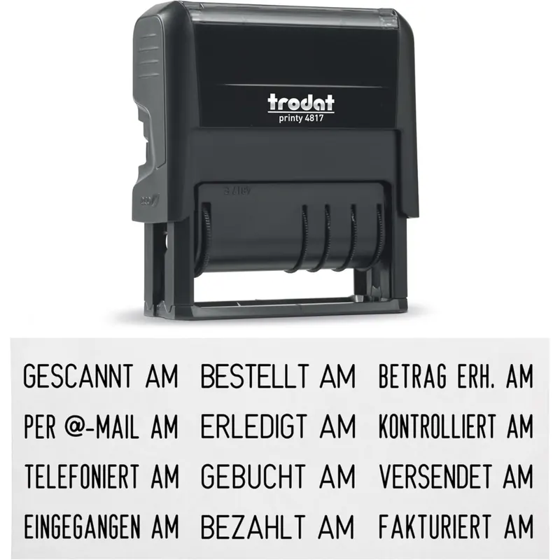 Trodat Printy 4.0 4817 Datumstempel mit Wortband, Deutsch, Schwarz, 12 Office-Texte zum Drehen, Abdruck 47x4 mm, Stempelkissen schwarz, selbstfärbend