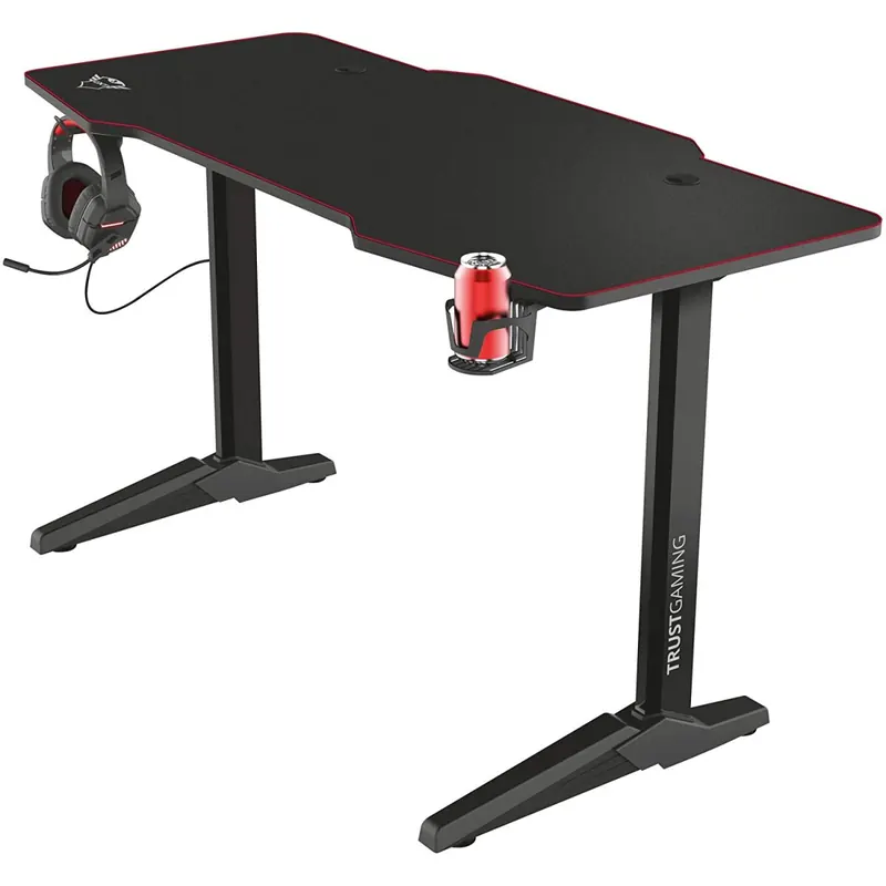 Trust XL Gaming Tisch (140 x 66 cm) GXT 1175 Imperius - Computer Tisch in Desk-Größe, Headset und Becherhalter, Kabelmanagementsystem, PC Schreibtisch - Schwarz