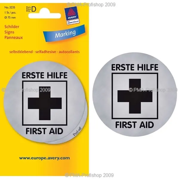 Türschild Hinweisschild Avery Zweckform 3235 - Ø 75 mm silber/schwarz Erste Hilfe