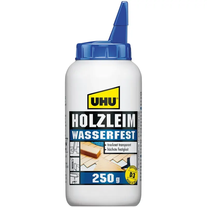 UHU Holzleim Wasserfest Flasche, Universeller und wasserfester Weißleim - geeignet für alle üblichen Holzarten und -verklebungen, 250 g