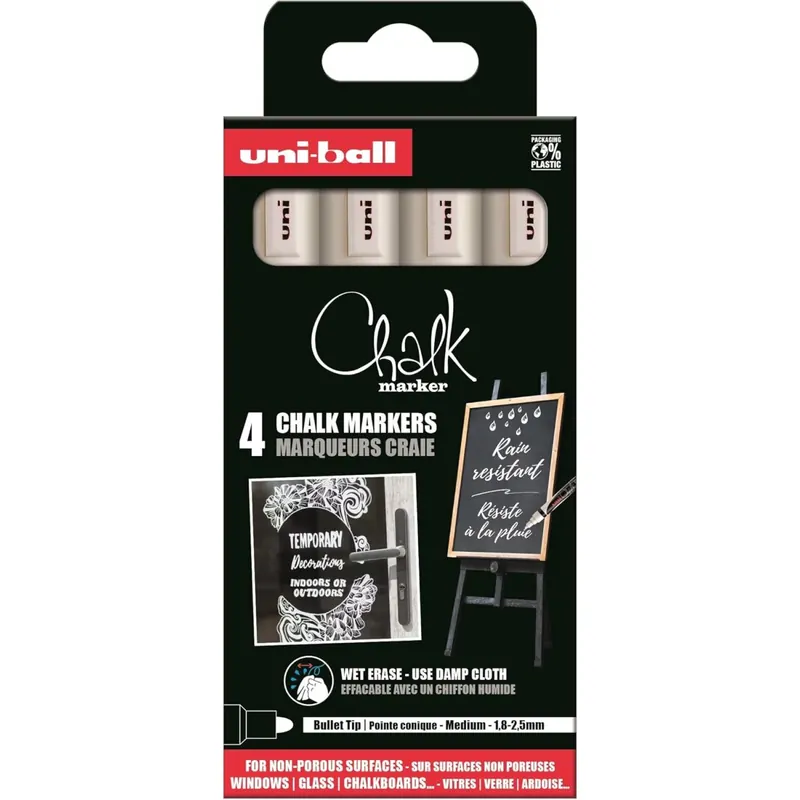 Uni-Ball 186200 - Fenster- & Kreidemarker Set Weiß, 4 Chalk Marker PWE-5M, Kreidestifte 1,8 - 2,5 mm Rundspitze