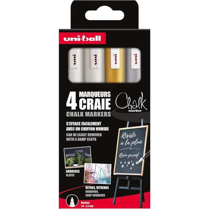 Uni-Ball 186202 - Fenster- & Kreidemarker Set, 4 Chalk Marker PWE-5M, Kreidestifte 1,8 - 2,5 mm Rundspitze