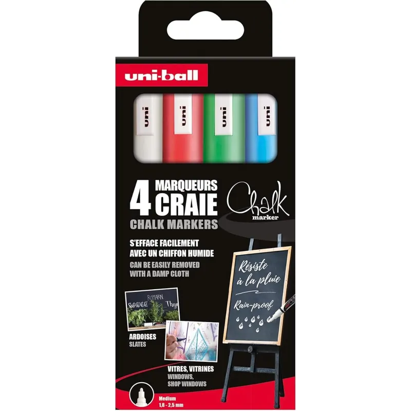 Uni-Ball 186203 - Fenster- & Kreidemarker Set, 4 Chalk Marker PWE-5M, Kreidestifte 1,8 - 2,5 mm Rundspitze