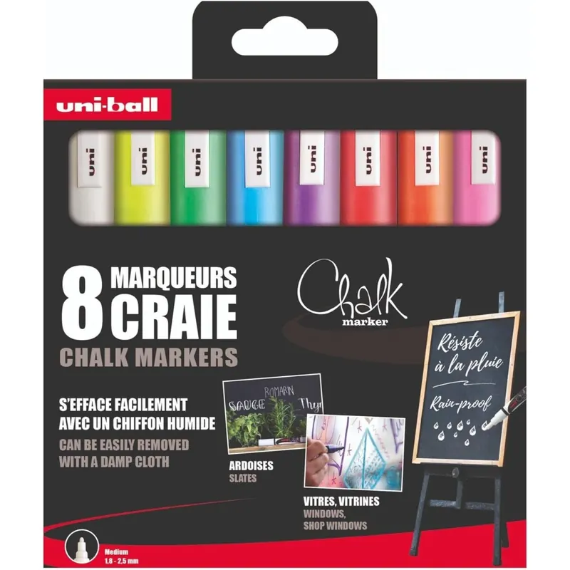 Uni-Ball 186212 - Fenster- & Kreidemarker Set, 8 Chalk Marker PWE-5M, Kreidestifte 1,8-2,5 mm Rundspitze