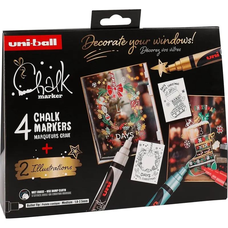 Uni-Ball 186279 - Kreidemarker Set Xmas trad, 4 Marker mit 2 Schablonen, UNI CHALK MARKER, Kreidestifte für Fenster