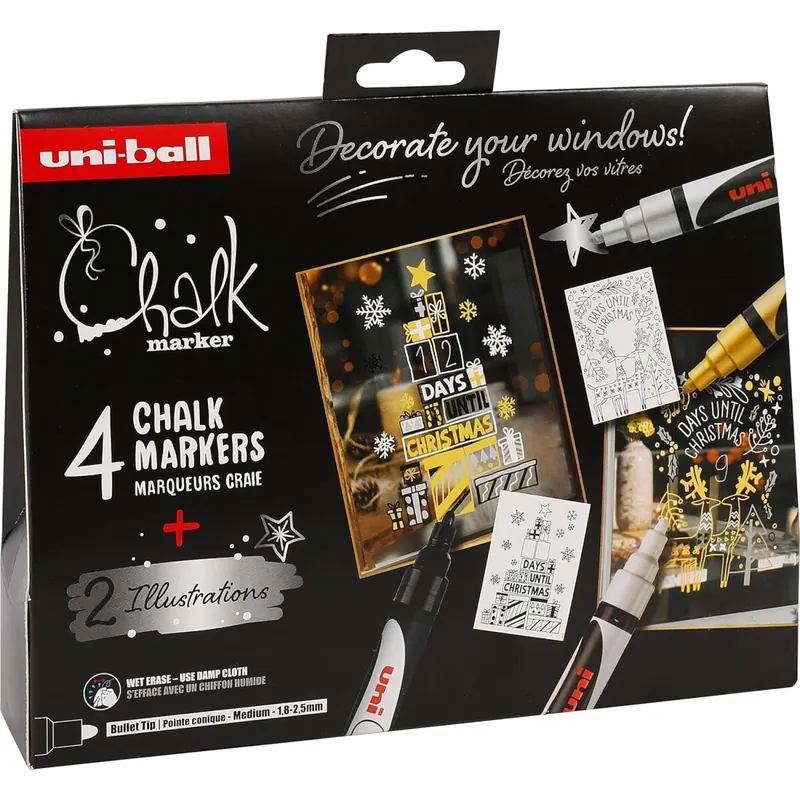 Uni-Ball 186280 - Kreidemarker Set Xmas skand, 4 Marker mit 2 Schablonen, UNI CHALK MARKER, Kreidestifte für Fenster