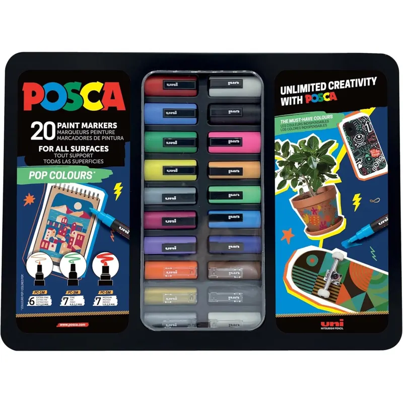 Uni-Ball 186831 - POSCA Marker Set, 20 Acrylstifte im Etui, Marker Set Pop Colours, Spitze PWE5M 1,8-2,5 mm