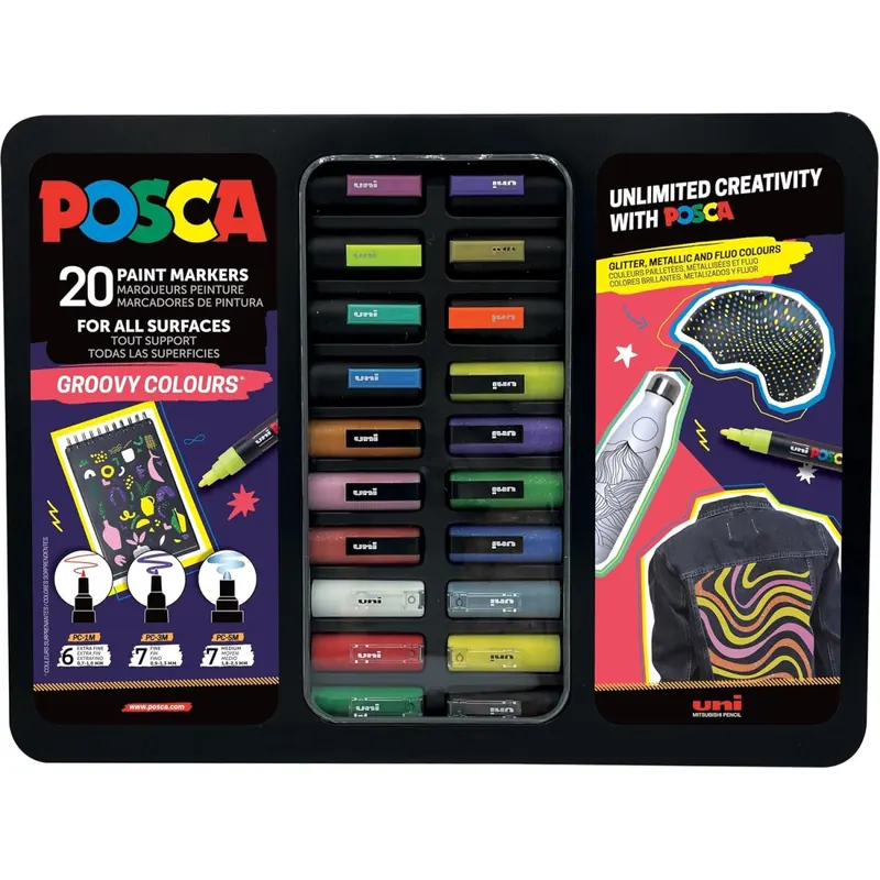 Uni-Ball 186832 - POSCA Marker Set, 20 Acrylstifte im Etui, Marker Set Groovy Colours, Spitze PWE5M 1,8-2,5 mm