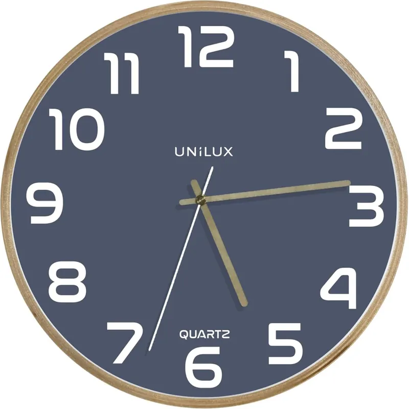 Unilux Moderne Holzrahmen Wanduhr BALTIC, Blaues Ziffernblatt 31cm, Ohne Ticken