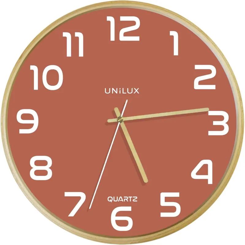 Unilux Moderne Holzrahmen Wanduhr BALTIC, Rotes Ziffernblatt 31cm, Ohne Ticken