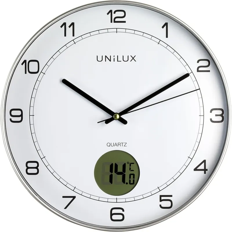Unilux Wanduhr Tempus, 30cm, ohne Ticken, mit Digitalanzeige für Temperatur