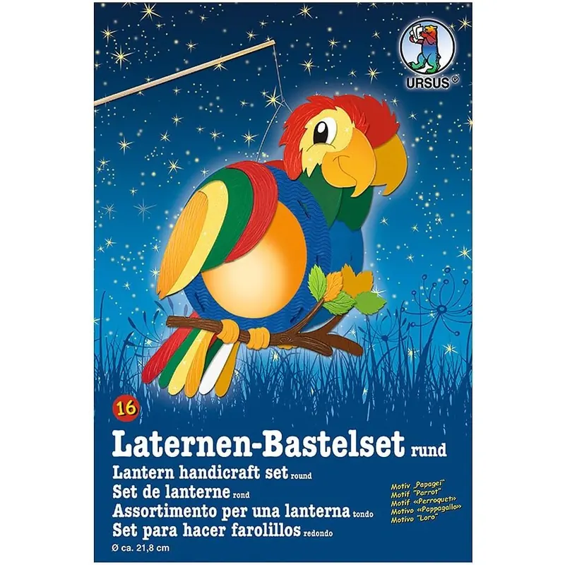 Ursus 18700016 - Laternen Bastelset Papagei, ca. 21,8 x 31 x 10,3 cm, Durchmesser ca. 21,8 cm, zum Selbstgestalten, ideal für den nächsten Laternenlauf, Kinderfeste und Halloweenpartys