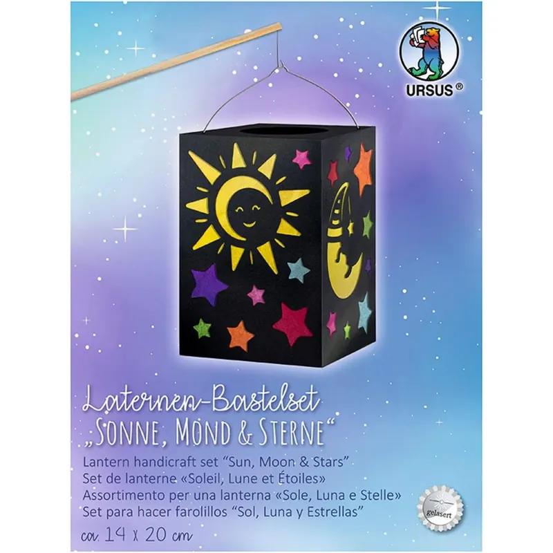 Ursus 2370099 - Laternen Bastelset Sonne, Mond & Sterne, ca. 14 x 20 cm, Set mit Rohling, Laternendeckel und -boden aus schwarzem Fotokarton, Tragebügel und Bastelanleitung, ideal für den Laternenlauf