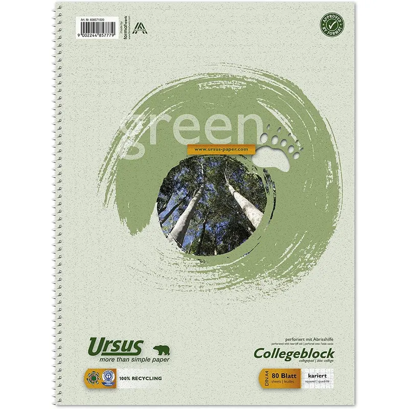 Ursus Green 608571020-10 Collegeblock 10 Stück - A4, 80 Blatt, 60g/qm, 5 mm, kariert