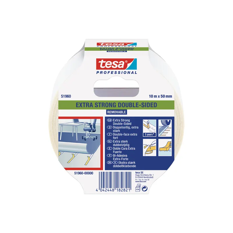 Verlegedoppelband tesa Extra Strong 51960 - 50 mm x 10 m transluzent Gewebe-Verbundträger für Industrie/Gewerbe-Anwendungen