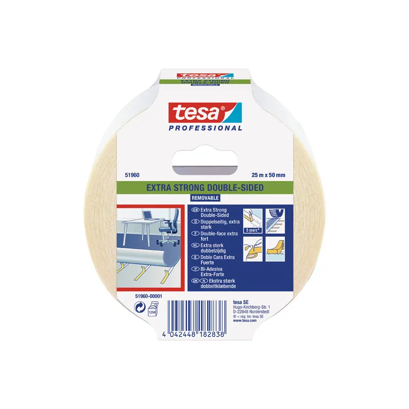 Verlegedoppelband tesa Extra Strong 51960 - 50 mm x 25 m transluzent Gewebe-Verbundträger für Industrie/Gewerbe-Anwendungen