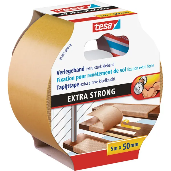 Verlegedoppelband tesa Extra Strong 5681 - 50 mm x 5 m weiß Bodenbelagband für Privat/Endverbraucher-Anwendungen