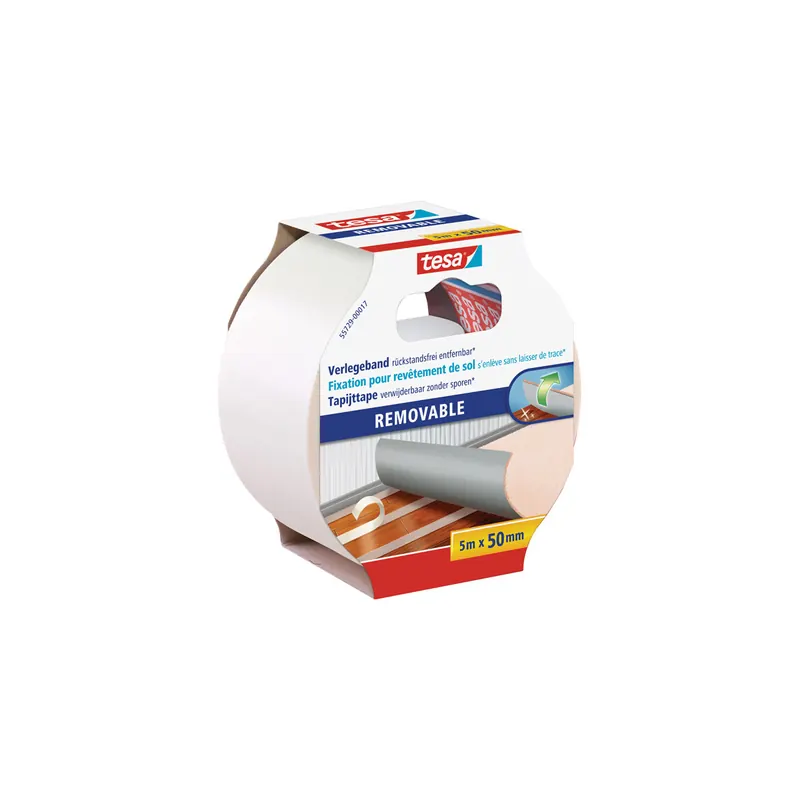 Verlegedoppelband tesa rückstandsfrei 55729 - 50 mm x 5 m transparent Bodenbelagband für Privat/Endverbraucher-Anwendungen