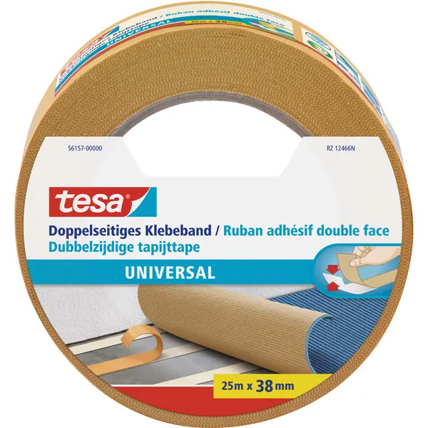 Verlegedoppelband tesa Universal 56157 - 38 mm x 25 m farblos Befestigungsklebeband für Privat/Endverbraucher-Anwendungen