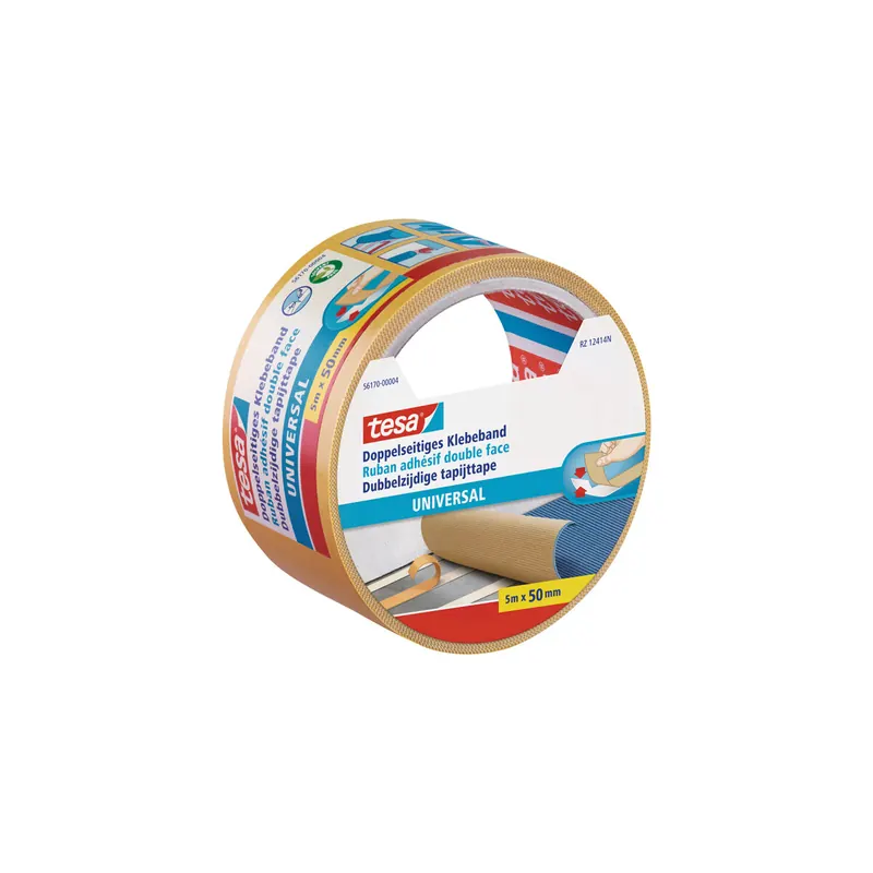 Verlegedoppelband tesa Universal 56170 - 50 mm x 5 m farblos Befestigungsklebeband für Privat/Endverbraucher-Anwendungen