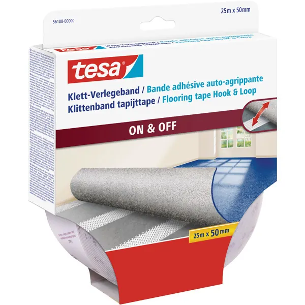 Verlegeklettband tesa ON & OFF 56188 - 50 mm x 25 m weiß Bodenbelagband für Privat/Endverbraucher-Anwendungen