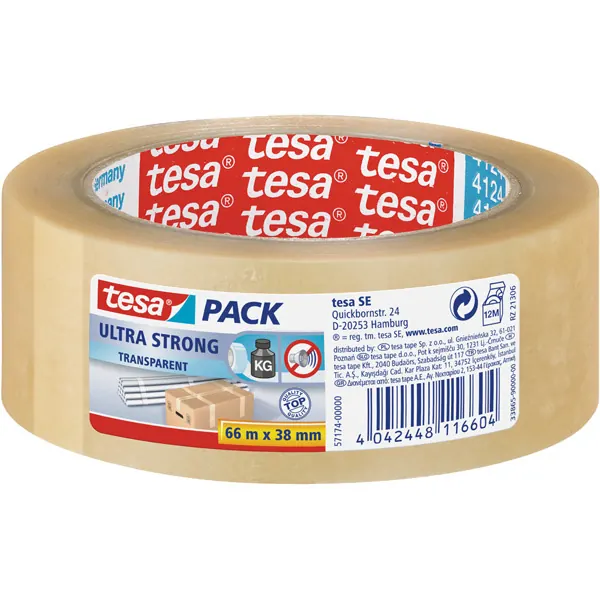 Verpackungsklebeband tesa tesapack Ultra Strong 57174 - 38 mm x 66 m transparent PVC-Band für Privat/Endverbraucher-Anwendungen