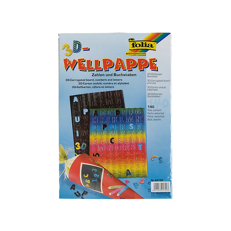 Vorgestanzte Zahlen und Buchstaben aus 3D-Wellpappe, P/140 Stück, farbig sortiert