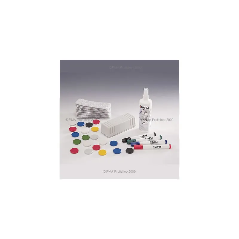Wandtafel Starterset Dahle 95138 - Reinigungsspray, Wischer, 12 Ersatzfilzstreifen, 4 Whiteboardmarker und 20 Magnete Set