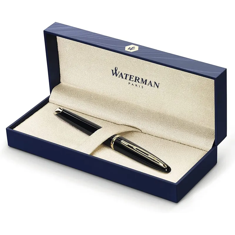 Waterman Carène Black Sea Füller | hochglänzend Schwarz mit Clip aus 23-karätigem Gold | Federstärke F | blaue Tinte | Geschenkbox