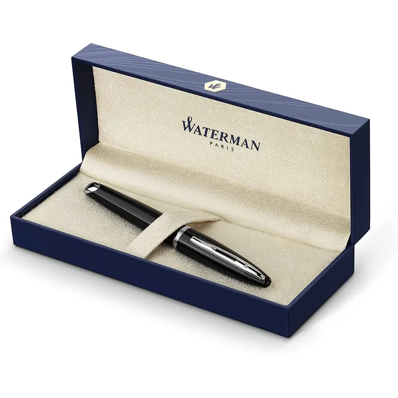 Waterman Carène Black Sea Füller | hochglänzend Schwarz mit Palladiumzierteilen | Federstärke F | blaue Tinte | Geschenkbox