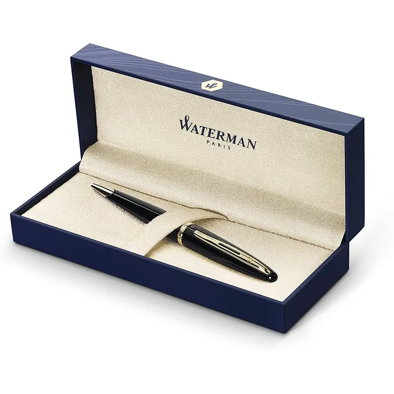 Waterman Carène Black Sea Kugelschreiber (hochglänzend Schwarz mit Clip aus 23-karätigem Gold, mittlere Schreibspitze, blaue Tinte, Geschenkbox)