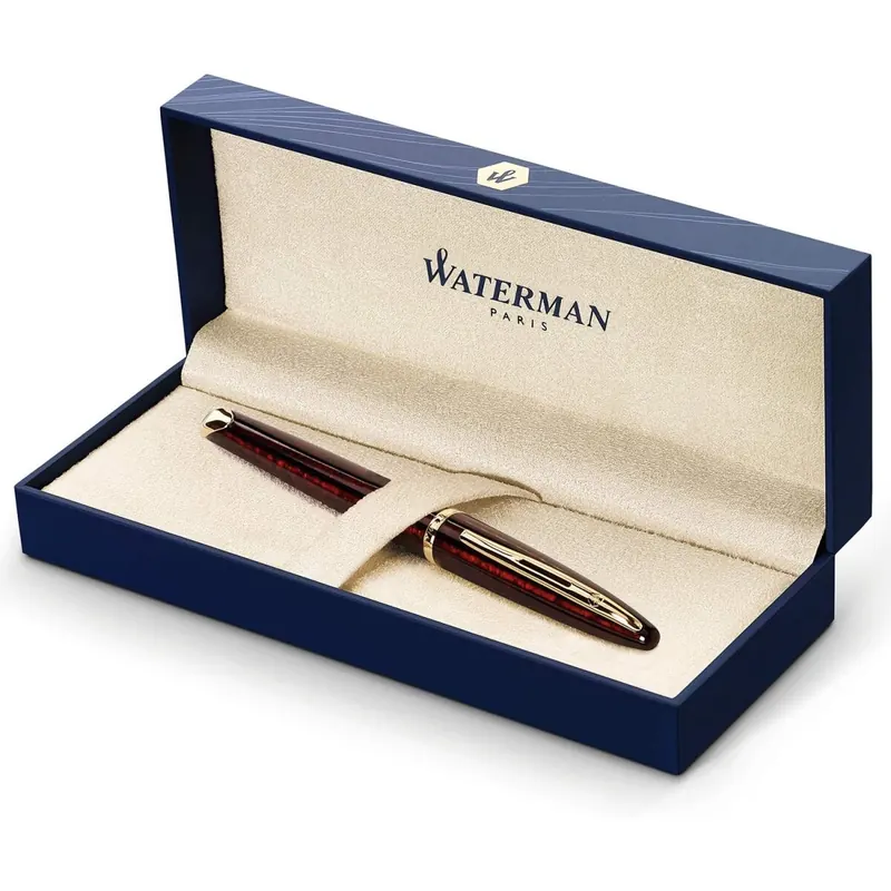 Waterman Carène Marine Amber Füller | hochglänzend Braun & Schwarz mit Clip aus 23-karätigem Gold | Federstärke F | blaue Tinte | Geschenkbox