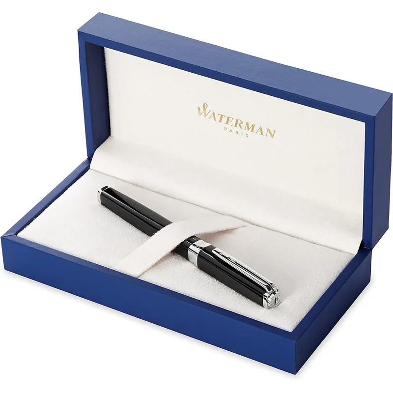 Waterman Exception Füller (Modell „Slim“) | schwarz mit Silber-plattiertem Clip | Federstärke F | blaue Tinte | Geschenkbox