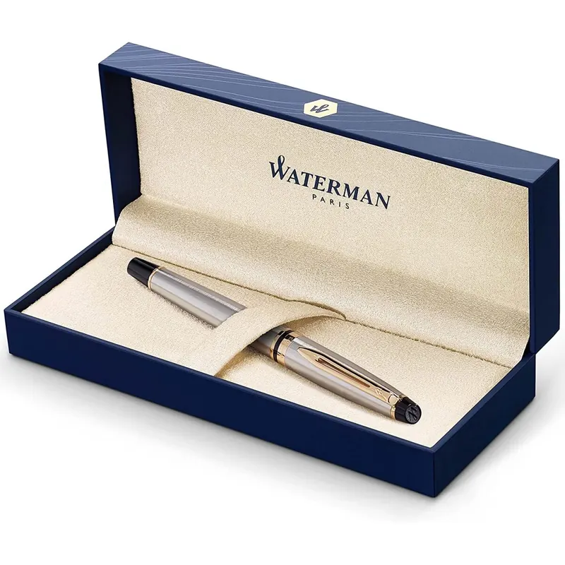 Waterman Expert Füller | Edelstahl mit Zierteile aus 23 K Gold | Füllfederhalter Mittlere Spitze | Geschenkbox