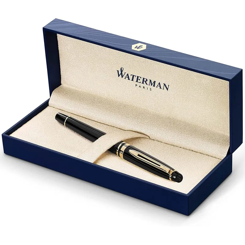 Waterman Expert Füller | Hochglänzend Schwarz mit Zierteile aus 23 K Gold | Füllfederhalter Feine Spitze | Geschenkbox