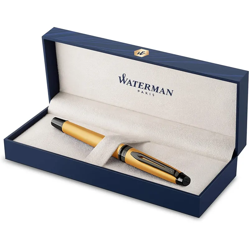 Waterman Expert Füllfederhalter | Goldfarbene Metallic-Lackierung mit Ruthenium-Zierteilen | Feine Edelstahlfeder mit PVD-Beschichtung | Blaue Tinte | In Geschenkbox