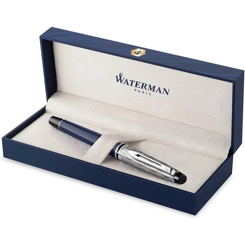 Waterman Expert Füllfederhalter | Metall und blaue Lackierung | ziselierte Kappe | mittlere Feder aus Edelstahl | blaue Tinte | Geschenkbox |