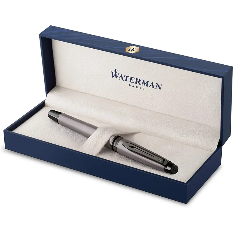 Waterman Expert Füllfederhalter | Silberfarbene Metallic-Lackierung mit Ruthenium-Zierteilen | Feine Edelstahlfeder mit PVD-Beschichtung | Blaue Tinte | In Geschenkbox