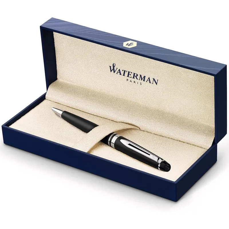 Waterman Expert Kugelschreiber | Mattschwarz | Chromzierteile | Mittlere Spitze | Blaue Tinte | Geschenkbox