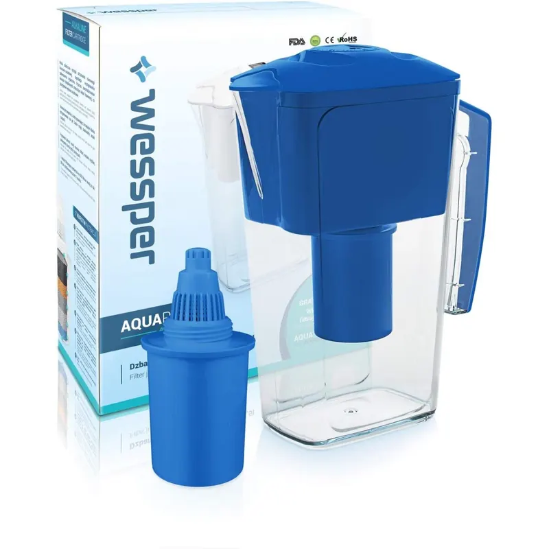 Wessper Wasserfilter Krug 2.5L AQUApro mit 1 alkalische Filterkartusche, BPA-frei, Elektro.Timer, BLAU
