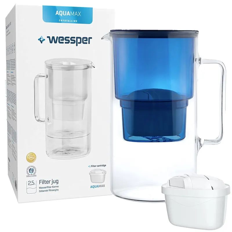Wessper Wasserfilterkanne aus Glas 2.5 L Kompatibel mit Brita-Wasserfilterkartuschen, Inklusive 1 Wasserfilter-Kartusche, Reduziert Kalk und Chlor, Marineblau