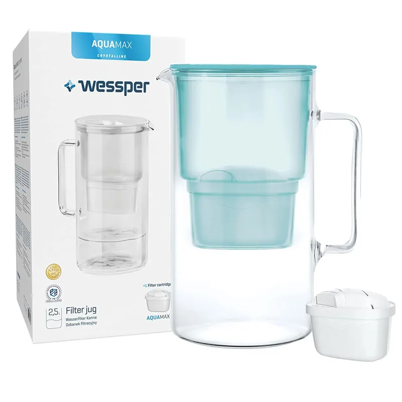 Wessper Wasserfilterkanne aus Glas 2.5 L Kompatibel mit Brita-Wasserfilterkartuschen, Inklusive 1 Wasserfilter-Kartusche, Reduziert Kalk und Chlor, Minze