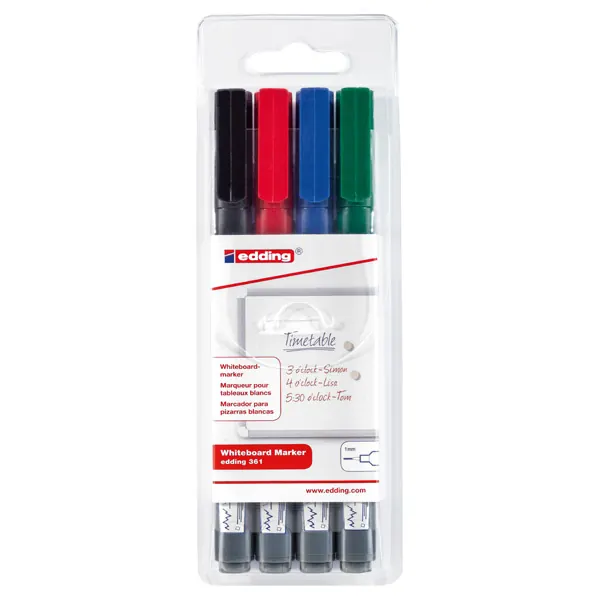 Whiteboardmarker edding 361 - farbig sortiert 1 mm Rundspitze non-permanent nachfüllbar 4er-Set