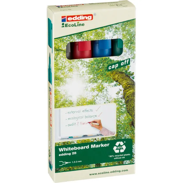 Whiteboardmarker edding EcoLine 28 - farbig sortiert 1,5-3 mm Rundspitze non-permanent nachfüllbar 4er-Set