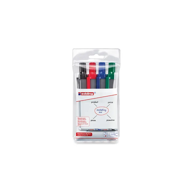 Whiteboardmarker edding retract 12 - farbig sortiert 1,5-3 mm Rundspitze non-permanent nachfüllbar 4er-Set