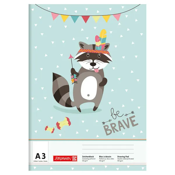 Zeichenblock Brunnen be Brave Racoon/Fox 47913 - A3 297 x 420 mm Racoon 20 Blatt 2-seitig perforiert Qualitätspapier 100 g/qm²